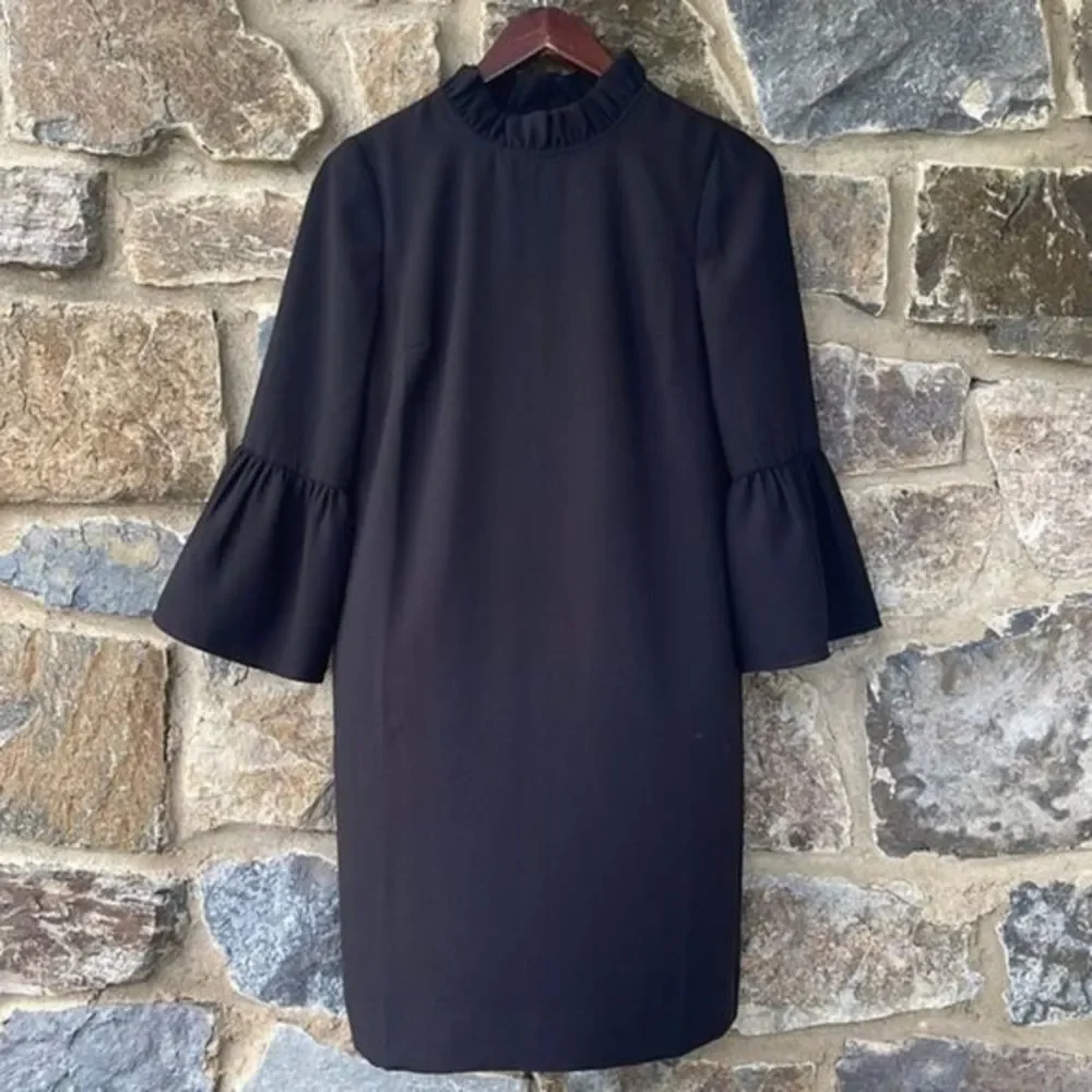 J. Crew Black Ruffle Neck 3/4 Sleeve Shift Dress in 365 Crepe Size 2